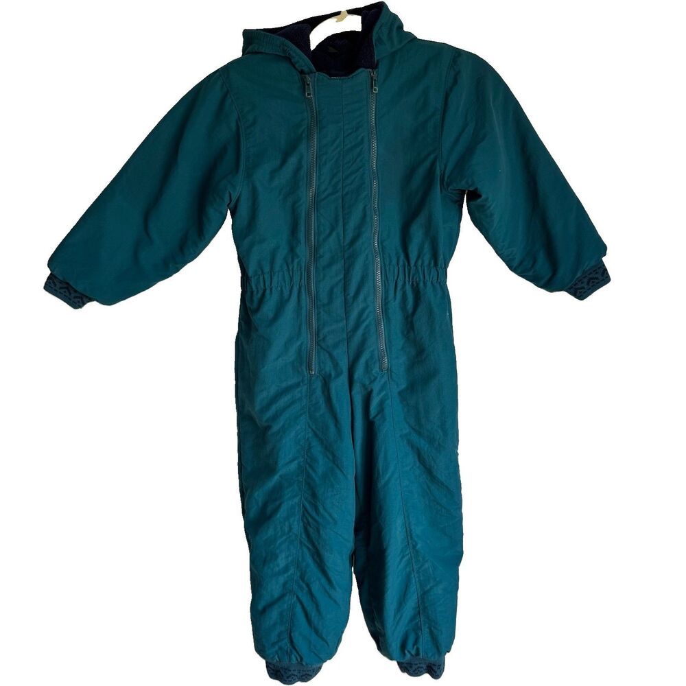 Lands' End Teal Nylon Hooded Insulated Snowsuit bibs Bunting, Unisex Baby M, VTG